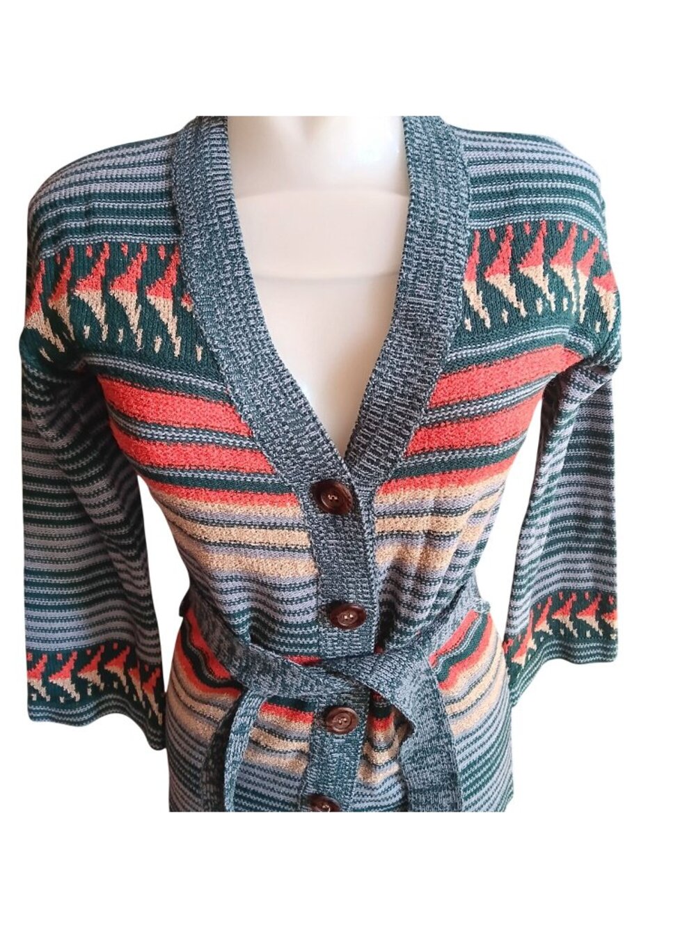 Vintage Cardigan Sweater Small Boho Jantzen Striped Knit Belted Waist Wooden 70s